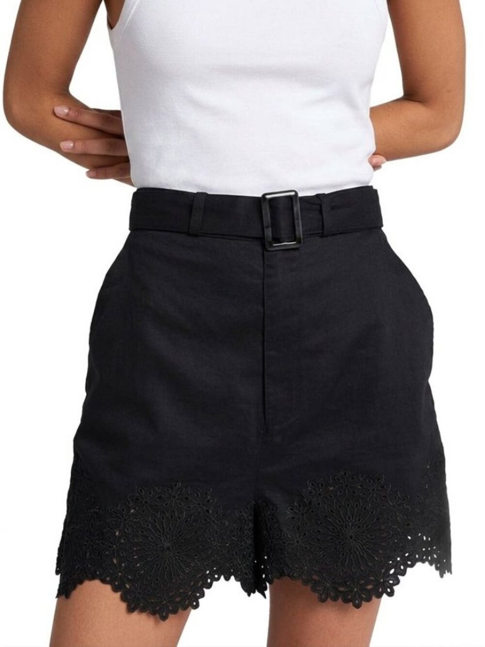 Joie Lavena Linen Cotton Shorts Black Emboidered Belted 12